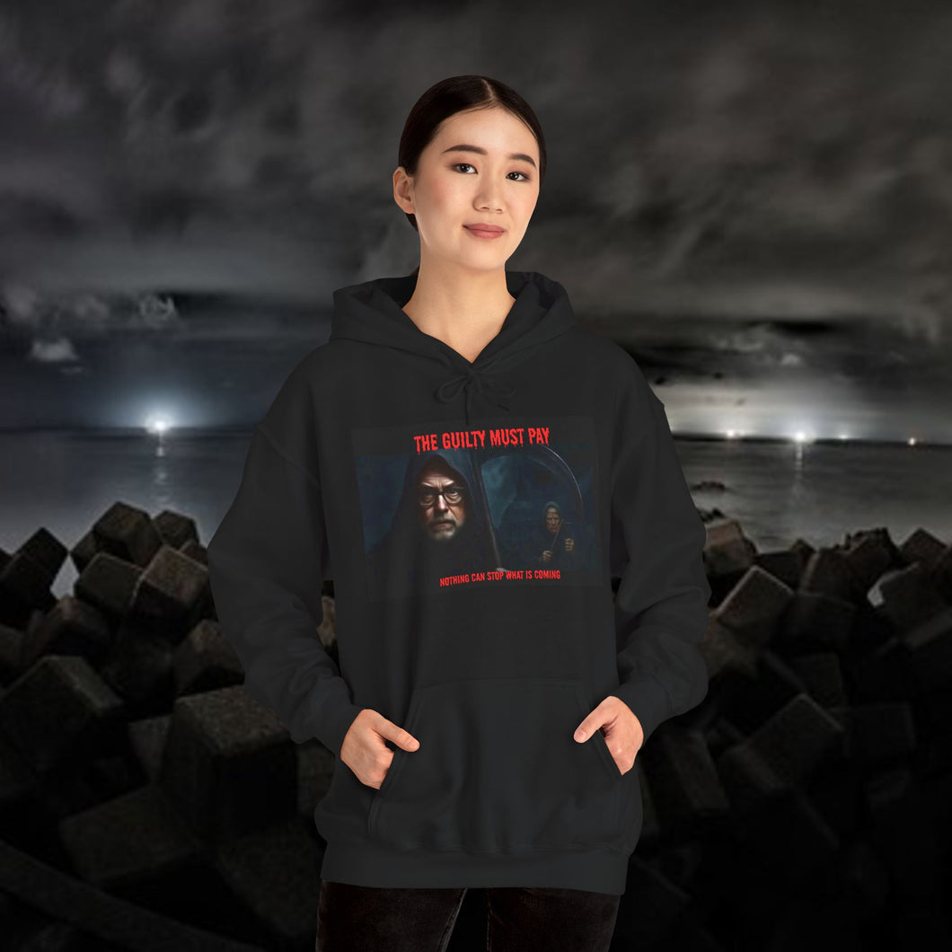 Statement Hoodie with Grim Reaper Promising to Punish the Guilty - Perfect For Patriots who demand justice.